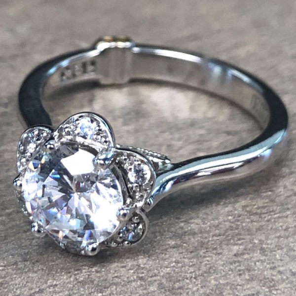 14K White Gold Floral Halo Engagement Ring